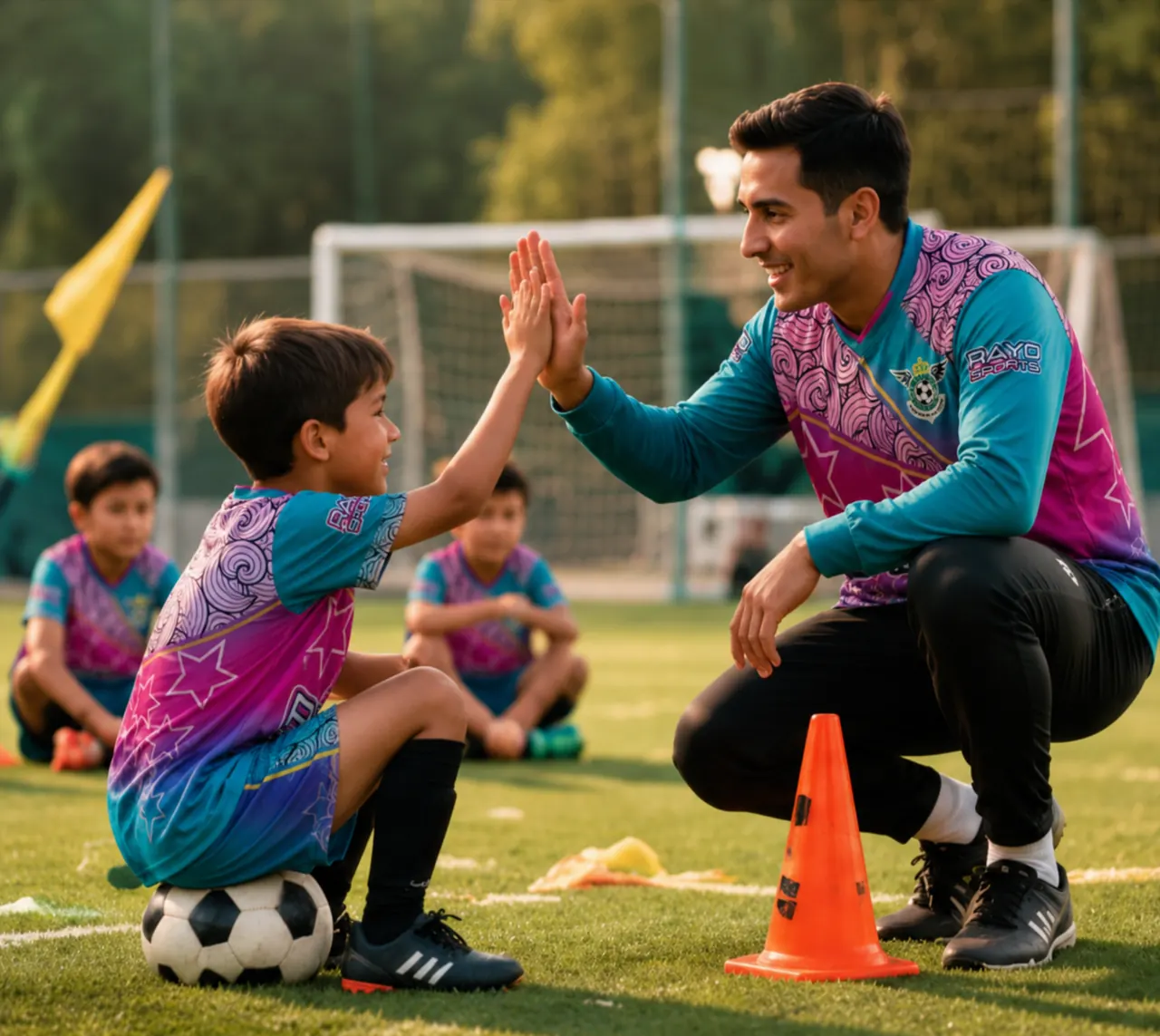 Entrenador motivando a un niño durante un entrenamiento