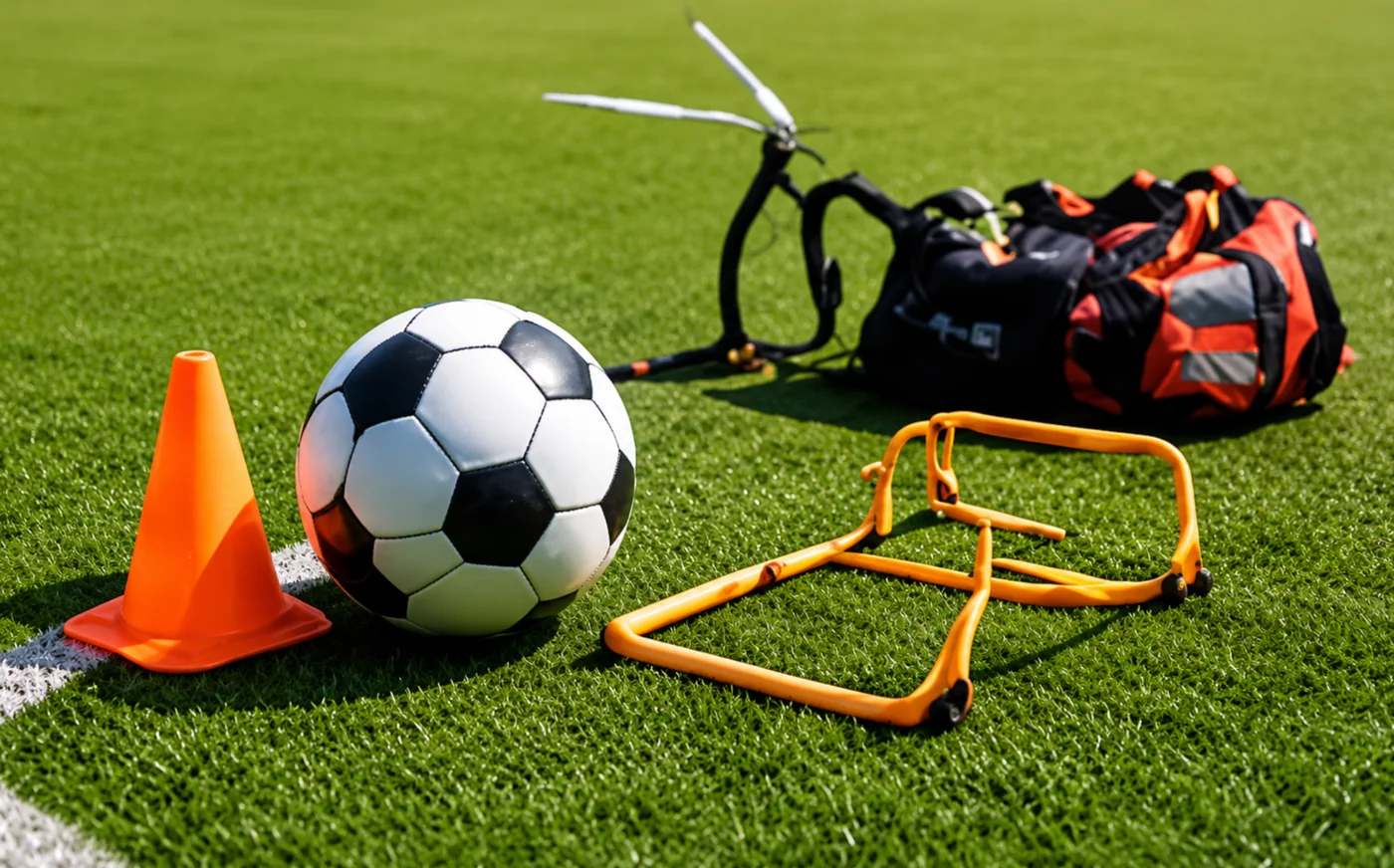 Implementos deportivos del Club Deportivo Paz y Amistad: balón, conos y accesorios de entrenamiento